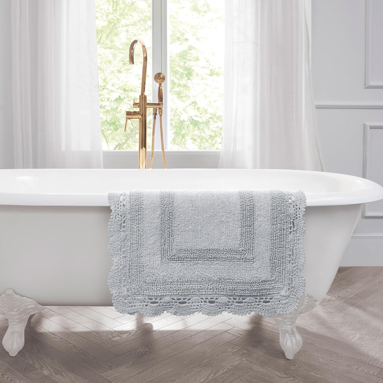 Crochet Cotton 17X24 In. Bath Rug, Light Grey