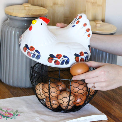 Chicken Egg Basket in Navy and Red Design Ceramic Chicken Shaped Lid with round Wire Basket Base and Handles