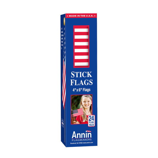 Annin 4" X 6" 24-Pack U.S. Polycotton Stick Flag Decoration Mounted on a 10 Inch Staff with Gold Ball Top
