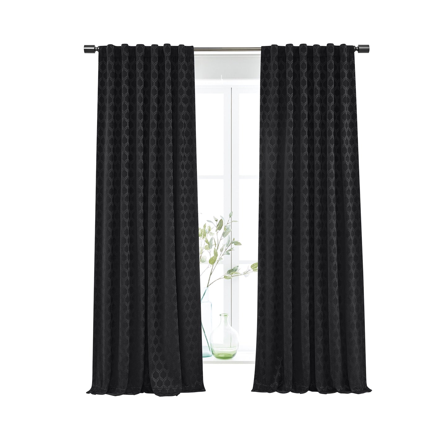 Jacquard Velvet Blackout Rod Pocket/Back Tab Single Curtain Panel, Rich Black, 50" W X 84" L