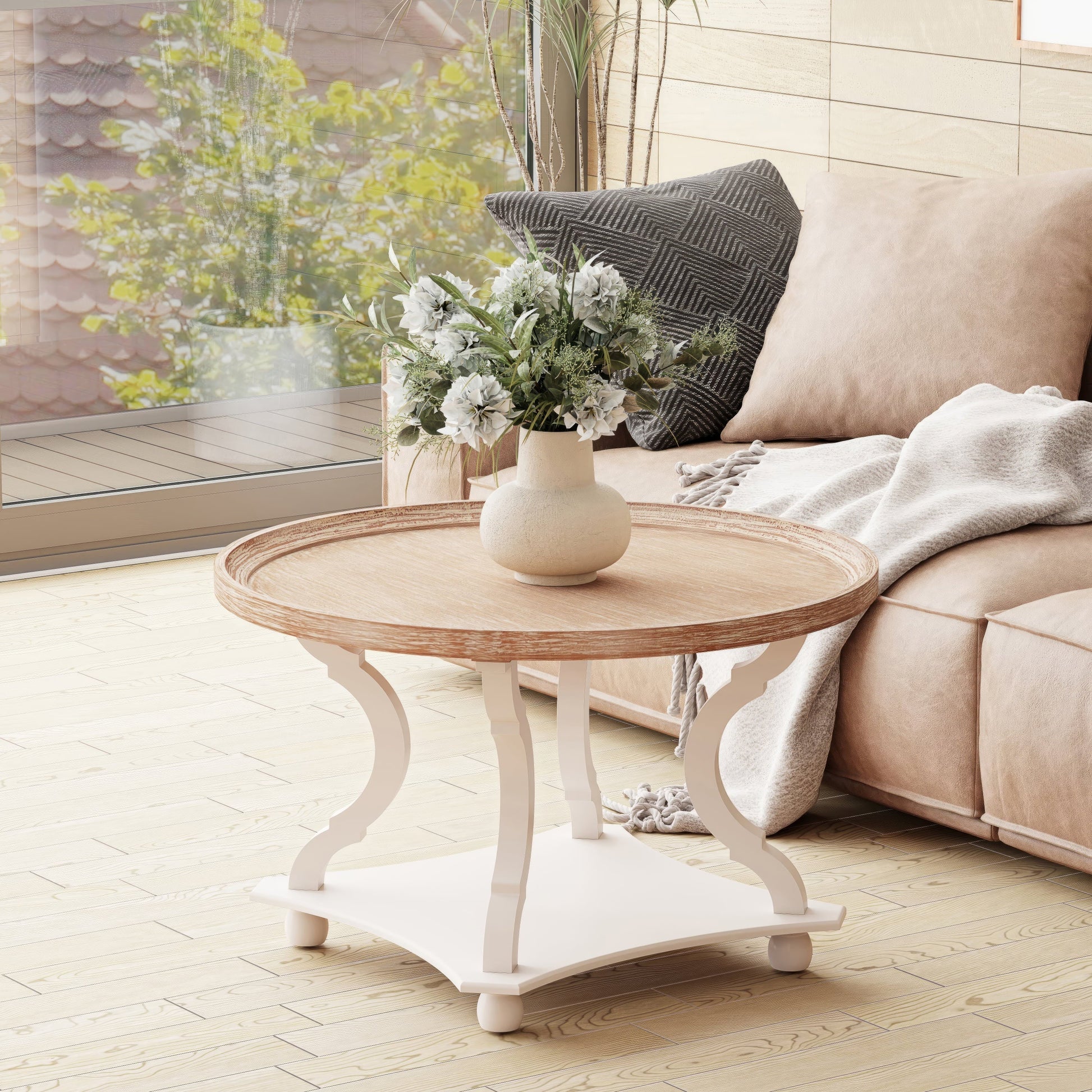 Rustic round Wood Coffee Table with Storage and Tray, White