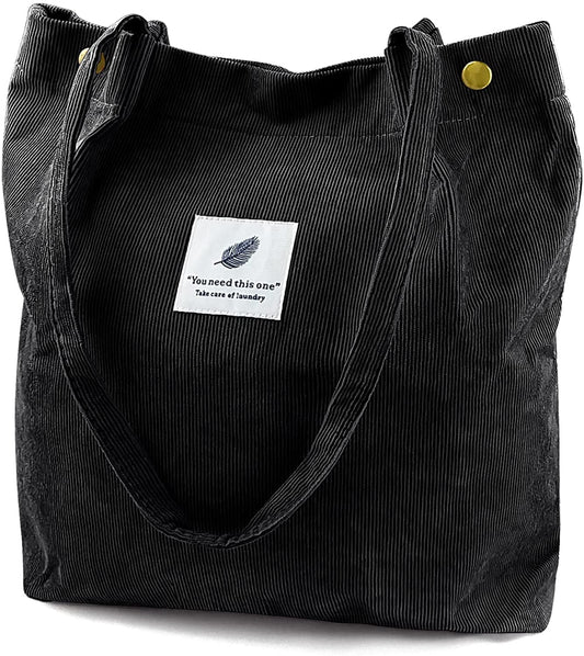 Corduroy Tote Bag Large for Women Girl Lady Canvas Shoulder Cord Purse and Handbags with Inner Pocket (Green)