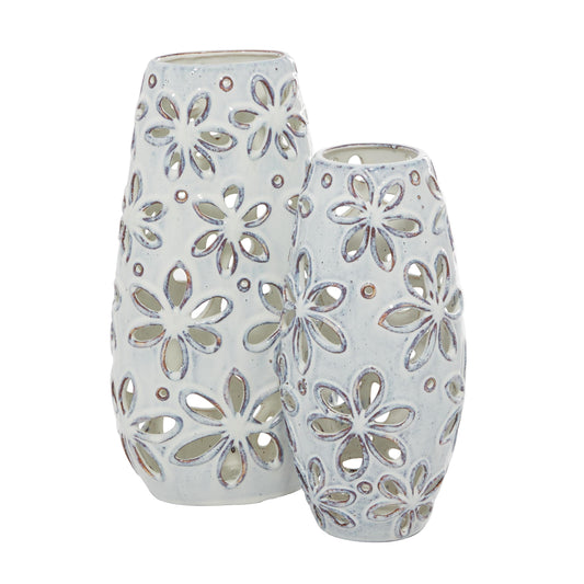 14", 11"H Floral Handmade Daisy Cut Out White Ceramic Vase, Set of 2