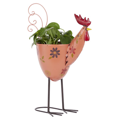8" X 16" Indoor Outdoor Pink Metal Pig Planter with Floral Pattern Planter