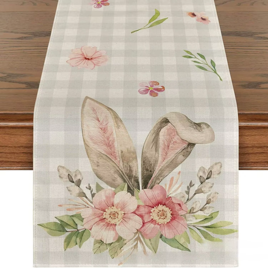 Easter Rabbit Colorful Eggs Flowers Green Plaid Linen Table Runners Washable Kitchen Dining Table Runners Wedding Decorations