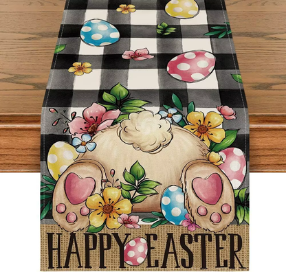 Easter Rabbit Colorful Eggs Flowers Green Plaid Linen Table Runners Washable Kitchen Dining Table Runners Wedding Decorations