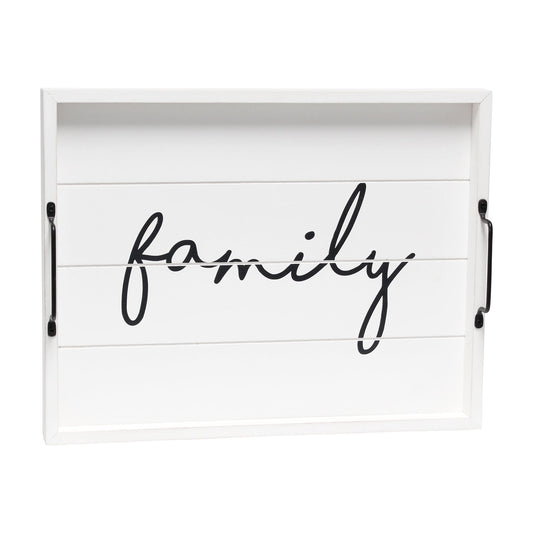 15.5" X 12" Decorative Wood Serving Tray, "Family", White Wash