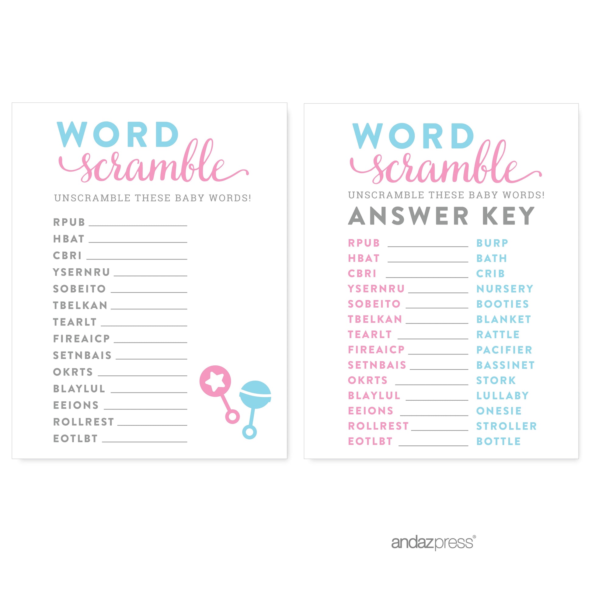 Word Scramble Team Pink/Blue Gender Reveal Baby Shower Paper Games, Favors 20PC