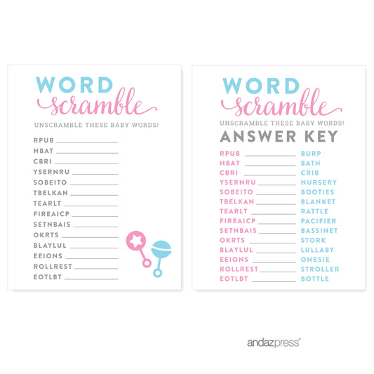 Word Scramble Team Pink/Blue Gender Reveal Baby Shower Paper Games, Favors 20PC