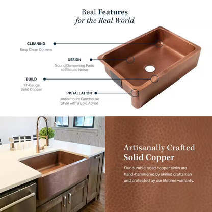 Lange 30 In. Farmhouse Apron Front Undermount Single Bowl 16 Gauge Antique Copper Kitchen Sink