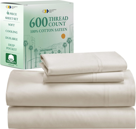 - Luxury Full Size Sheet Set - 100% Cotton, 600 Thread Count Deep Pocket Full Size Bed Sheets, Cooling Hotel-Quality Sheets with Sateen Weave - Ivory