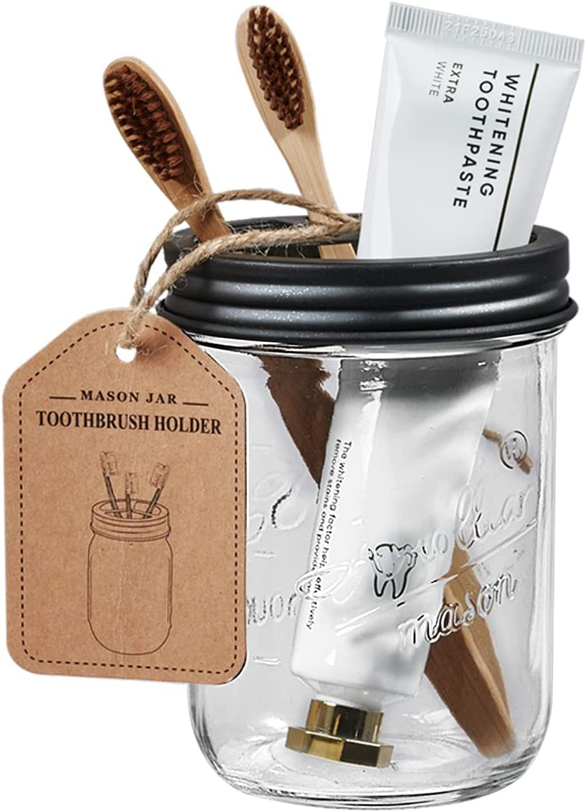 Mason Jar Bathroom Accessories Set 4 Pack - Foaming Soap Dispenser&2 Qtip Holders&Toothbrush Holder-Rustic Farmhouse Decor Bathroom Organizer Apothecary Jar Country Countertop (Black)