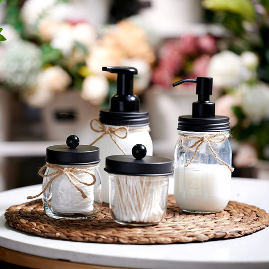 Mason Jar Bathroom Accessories Set 4 Pack - Foaming Soap Dispenser&2 Qtip Holders&Toothbrush Holder-Rustic Farmhouse Decor Bathroom Organizer Apothecary Jar Country Countertop (Black)