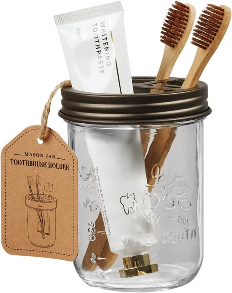 Mason Jar Bathroom Accessories Set(4 Pack) - Foaming Soap Dispenser&Qtip Holder Set&Toothbrush Holder-Rustic Farmhouse Decor Bathroom Organizer Apothecary Jar Country Countertop (Bronze)