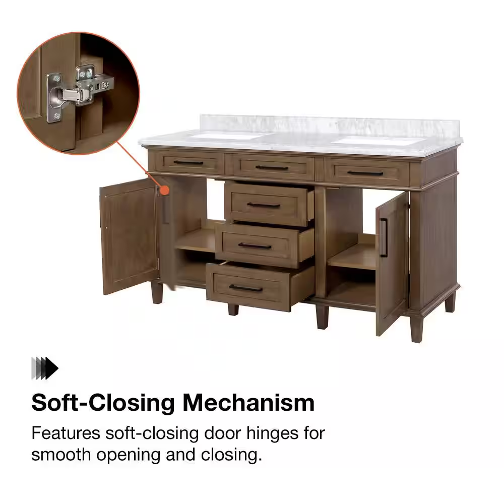 Sonoma 60 In. Double Sink Almond Latte Bath Vanity with Carrara Marble Top (Assembled)