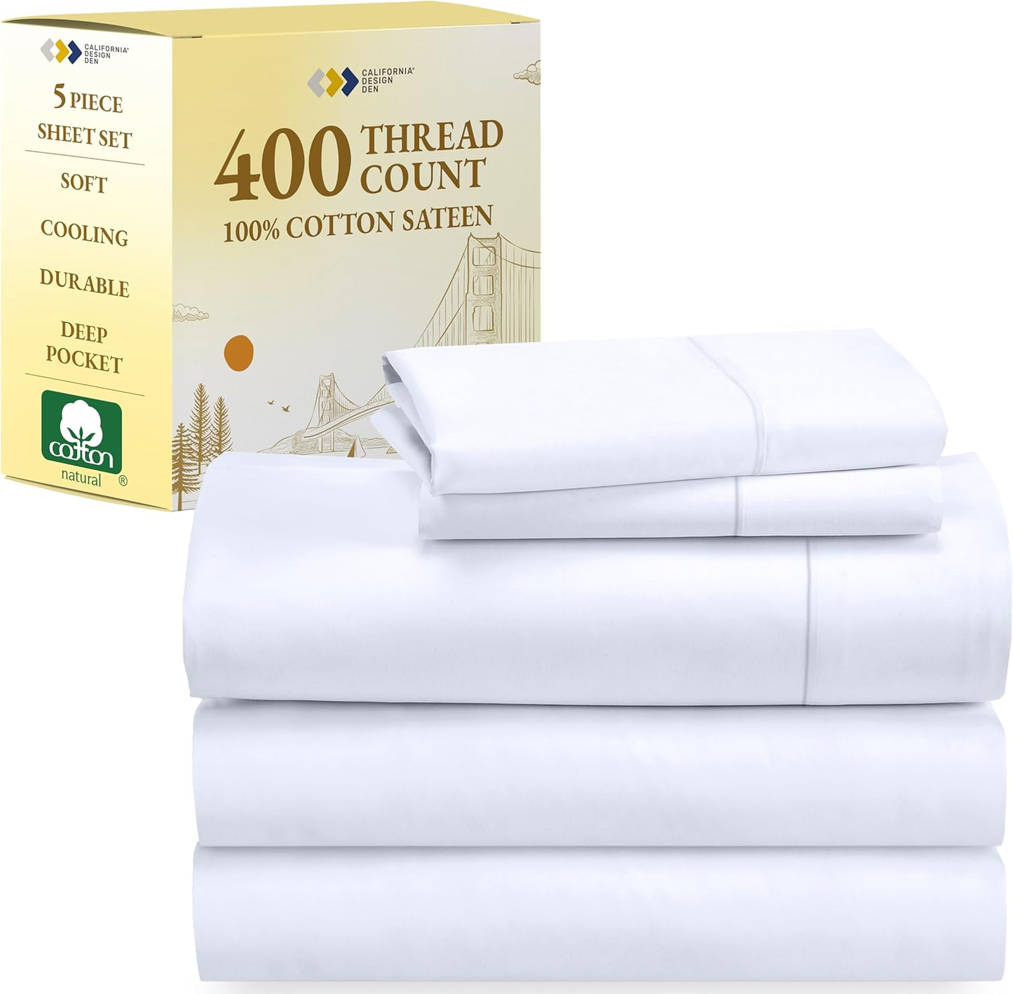 Split King Sheets Sets for Adjustable Bed - 400 Thread Count 100% Cotton Sheets, Sateen Bed Sheets Set, Cooling Sheets, Includes Twin XL Fitted Sheets (White Sheets)