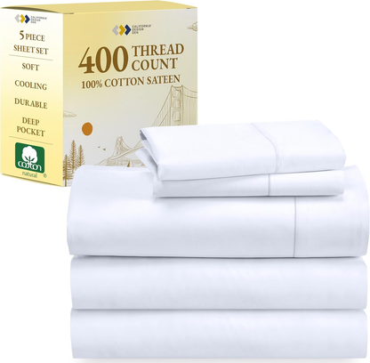 Split King Sheets Sets for Adjustable Bed - 400 Thread Count 100% Cotton Sheets, Sateen Bed Sheets Set, Cooling Sheets, Includes Twin XL Fitted Sheets (White Sheets)