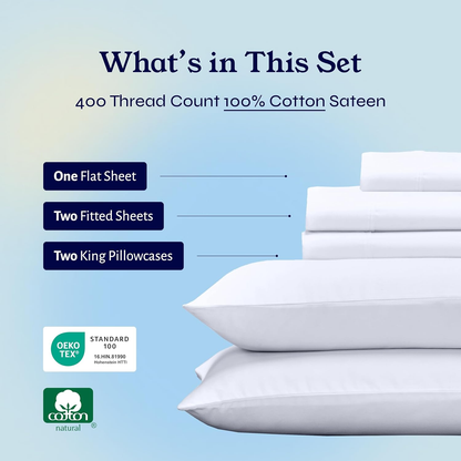 Split King Sheets Sets for Adjustable Bed - 400 Thread Count 100% Cotton Sheets, Sateen Bed Sheets Set, Cooling Sheets, Includes Twin XL Fitted Sheets (White Sheets)