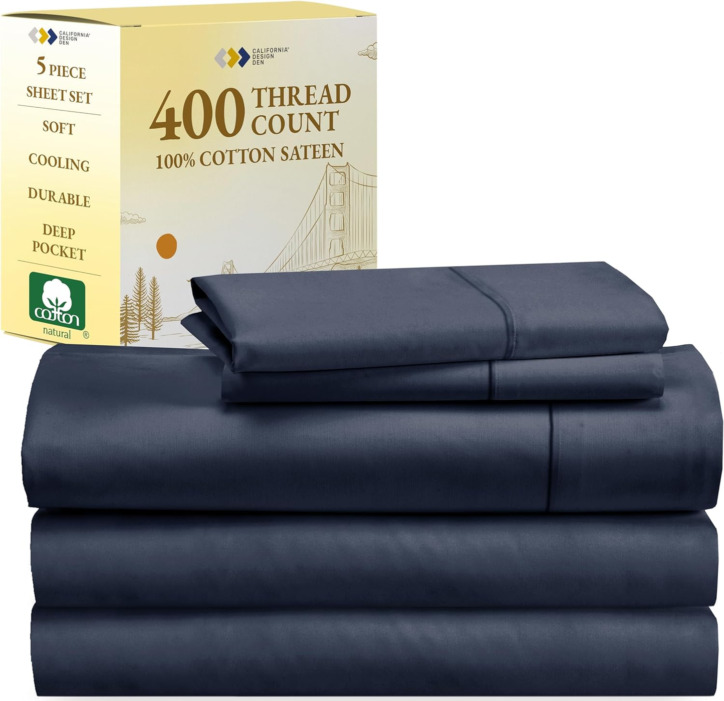 Split King Sheets for Adjustable Bed, Soft 100% Cotton Sheets, 400 Thread Count Sateen, Includes Twin XL Fitted Sheets, Deep Pocket Sheets, Cooling Sheets, Beats Egyptian Cotton (Indigo Dusty Blue)