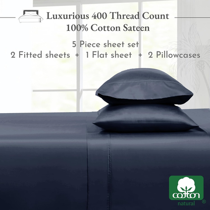 Split King Sheets for Adjustable Bed, Soft 100% Cotton Sheets, 400 Thread Count Sateen, Includes Twin XL Fitted Sheets, Deep Pocket Sheets, Cooling Sheets, Beats Egyptian Cotton (Indigo Dusty Blue)