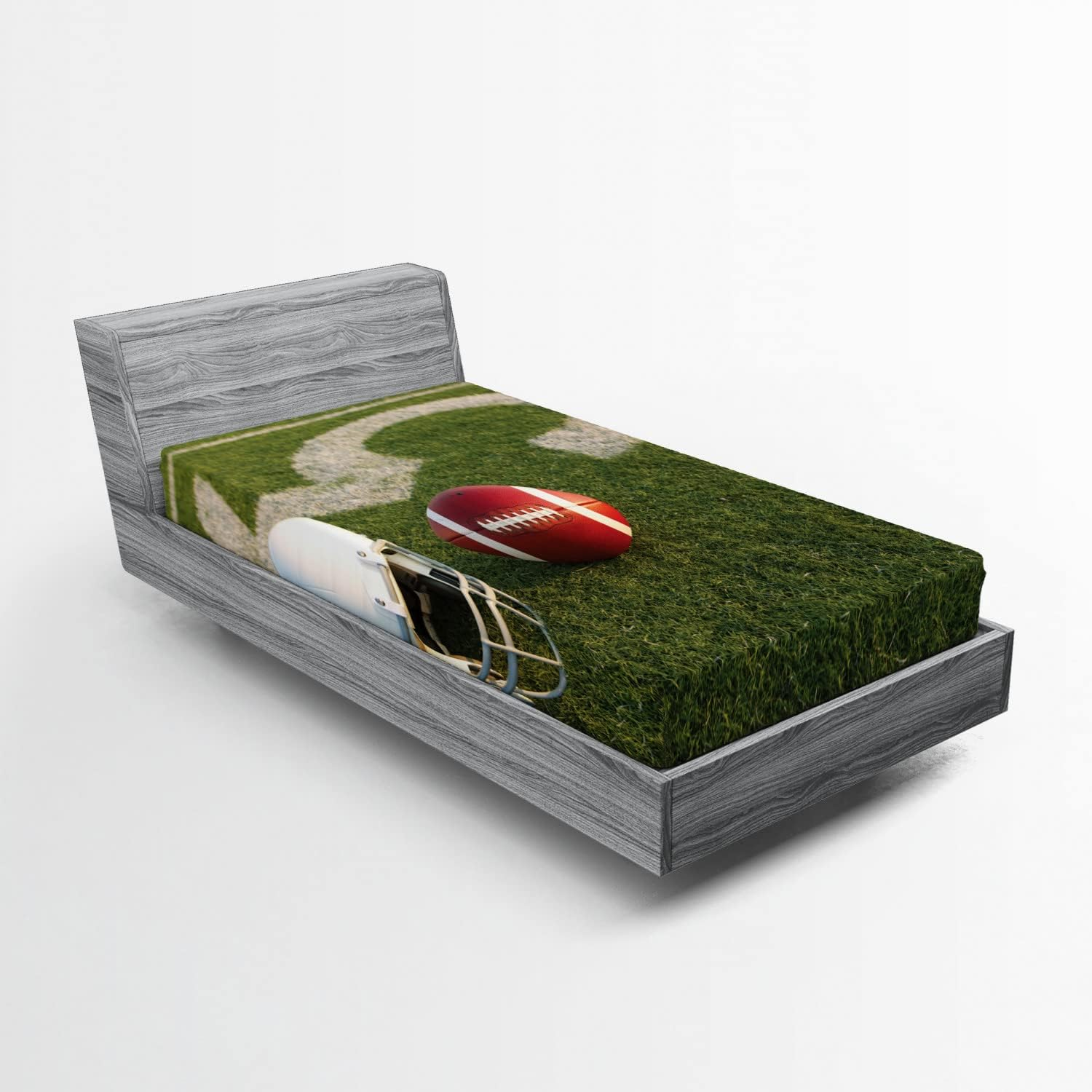 Sports Fitted Sheet, American Football on the Grass Field 50 Yard Line Pro Soprts College Sports, Soft Decorative Fabric Bedding All-Round Elastic Pocket, Twin Size, Green Red White