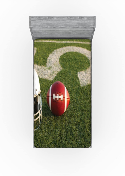 Sports Fitted Sheet, American Football on the Grass Field 50 Yard Line Pro Soprts College Sports, Soft Decorative Fabric Bedding All-Round Elastic Pocket, Twin Size, Green Red White