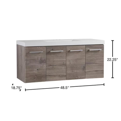 Stella 49 In. Single Sink White Washed Oak Floating Bath Vanity with White Cultured Marble Top (Assembled)