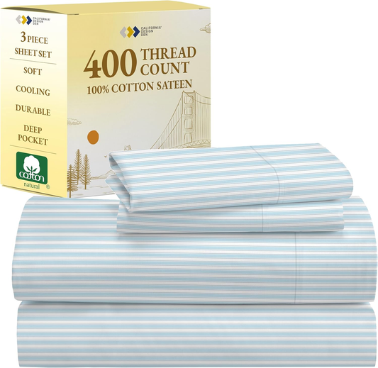 Striped Bed Sheets Twin Size - 100% Cotton Sheets Set, Luxury 400 Thread Count Sateen, Twin Sheets with Printed Pattern (Cape Stripe)