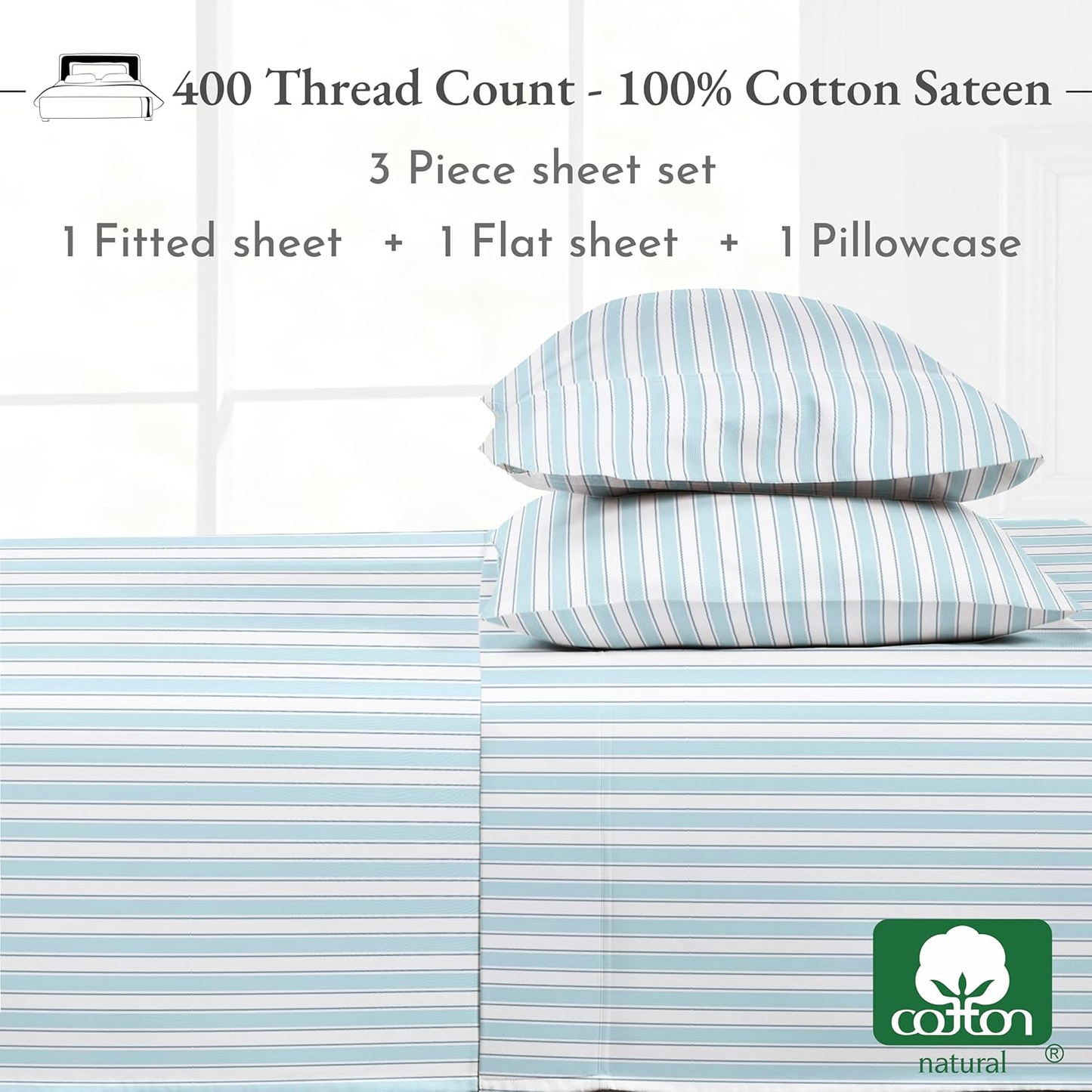 Striped Bed Sheets Twin Size - 100% Cotton Sheets Set, Luxury 400 Thread Count Sateen, Twin Sheets with Printed Pattern (Cape Stripe)