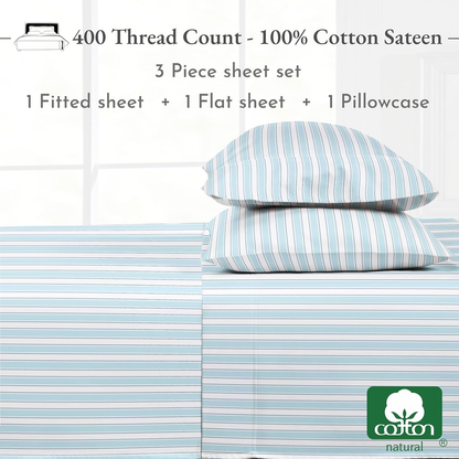 Striped Bed Sheets Twin Size - 100% Cotton Sheets Set, Luxury 400 Thread Count Sateen, Twin Sheets with Printed Pattern (Cape Stripe)