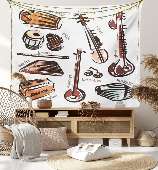 Tampura Tapestry King Size, Orchestra Retro Sitar and Tabla Western Harmonium Mrdanga Illustration Music Art, Wall Hanging Bedspread Bed Cover Wall Decor, 104" X 88", Multicolor