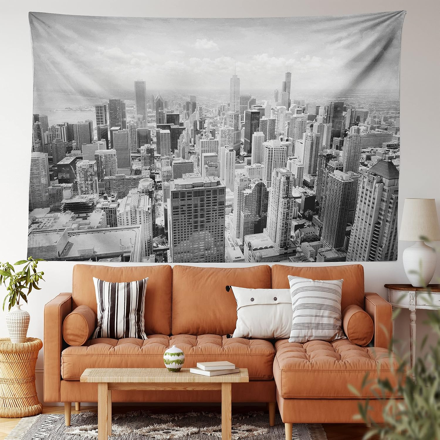 USA Tapestry, Chicago City Skyline Aerial View Contemporary Famous Touristic Places Picture Print, Fabric Wall Hanging Decor for Bedroom Living Room Dorm, 28" X 23", Grey Black
