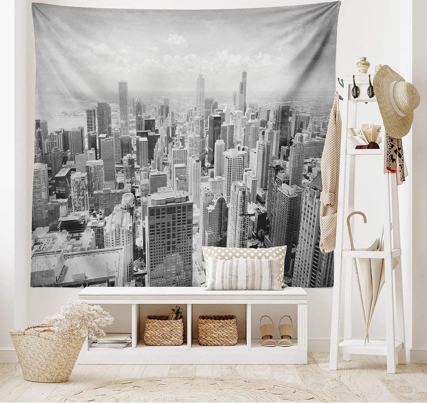 USA Tapestry, Chicago City Skyline Aerial View Contemporary Famous Touristic Places Picture Print, Fabric Wall Hanging Decor for Bedroom Living Room Dorm, 28" X 23", Grey Black