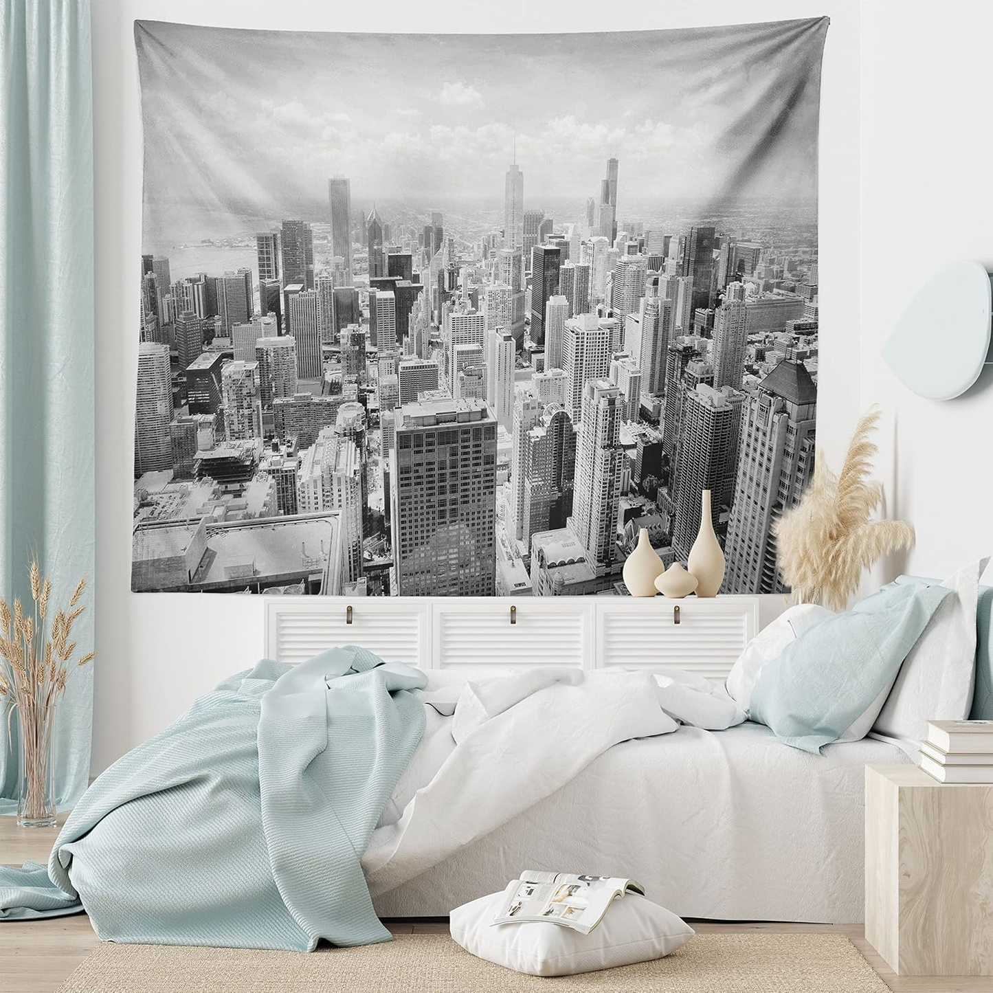USA Tapestry, Chicago City Skyline Aerial View Contemporary Famous Touristic Places Picture Print, Fabric Wall Hanging Decor for Bedroom Living Room Dorm, 28" X 23", Grey Black