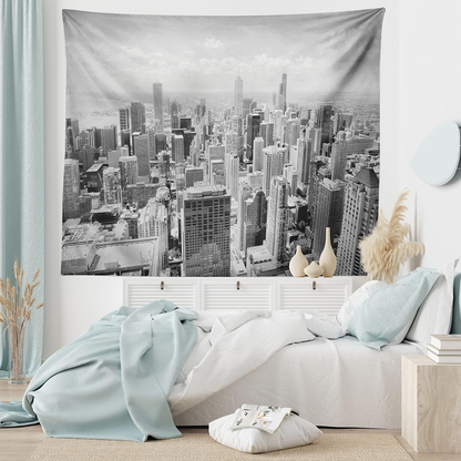 USA Tapestry, Chicago City Skyline Aerial View Contemporary Famous Touristic Places Picture Print, Fabric Wall Hanging Decor for Bedroom Living Room Dorm, 28" X 23", Grey Black