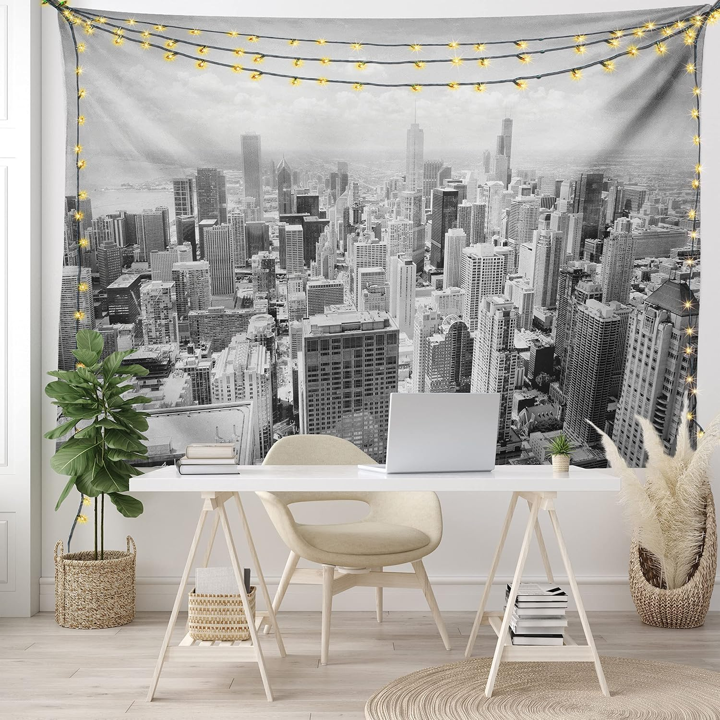 USA Tapestry, Chicago City Skyline Aerial View Contemporary Famous Touristic Places Picture Print, Fabric Wall Hanging Decor for Bedroom Living Room Dorm, 28" X 23", Grey Black
