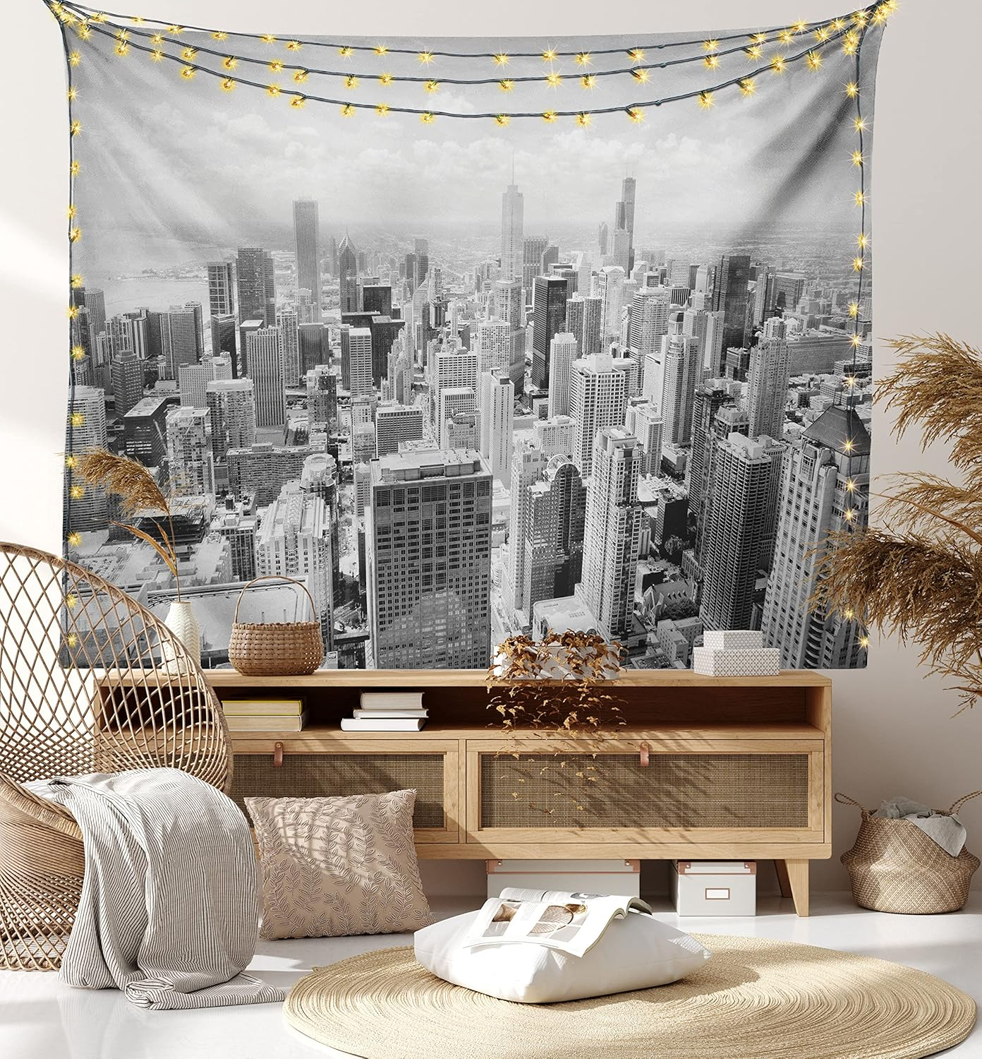 USA Tapestry, Chicago City Skyline Aerial View Contemporary Famous Touristic Places Picture Print, Fabric Wall Hanging Decor for Bedroom Living Room Dorm, 28" X 23", Grey Black