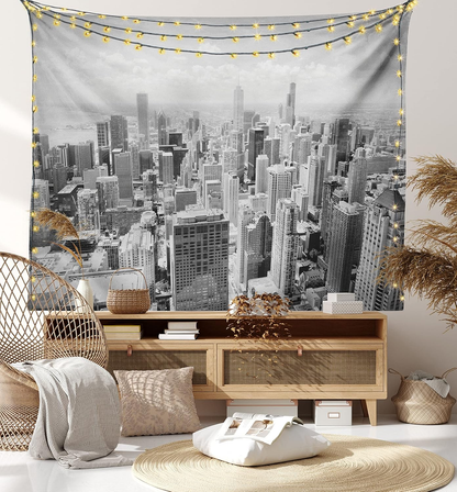 USA Tapestry, Chicago City Skyline Aerial View Contemporary Famous Touristic Places Picture Print, Fabric Wall Hanging Decor for Bedroom Living Room Dorm, 28" X 23", Grey Black