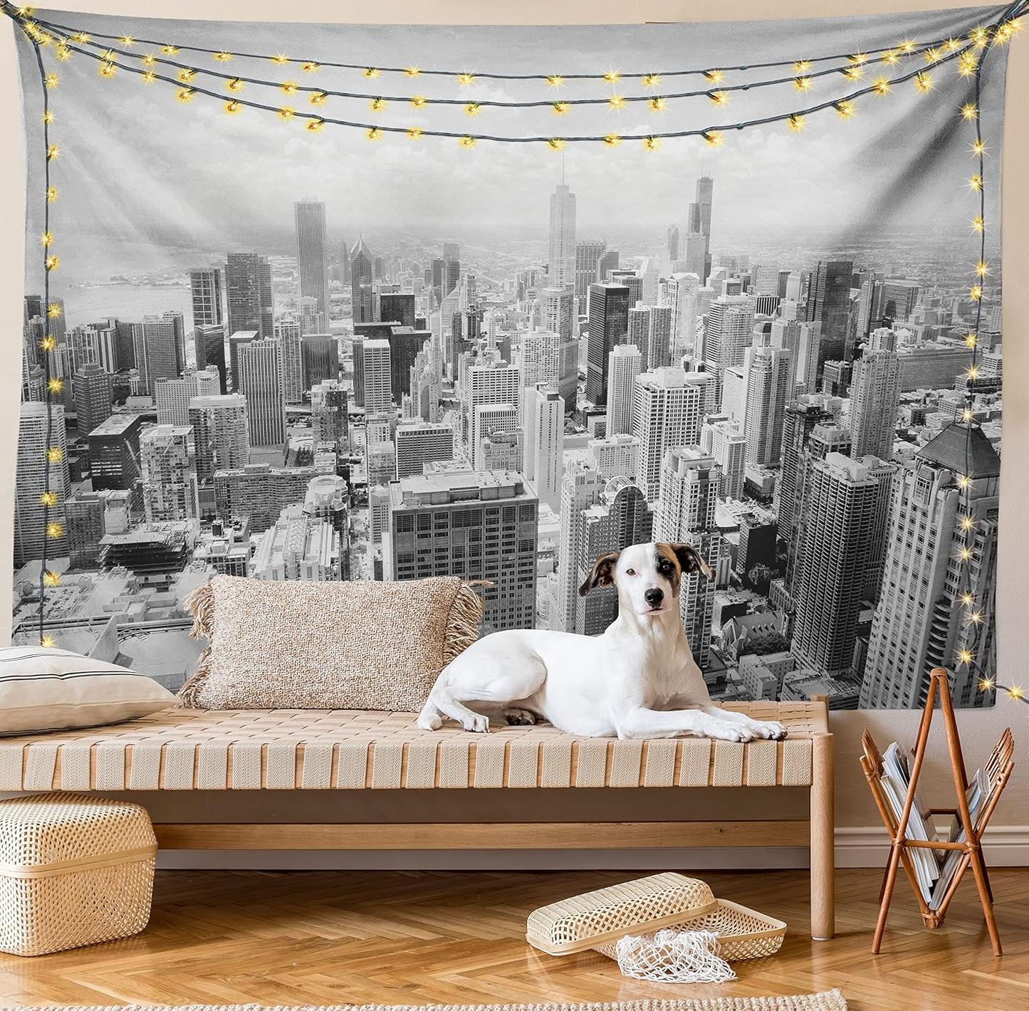 USA Tapestry, Chicago City Skyline Aerial View Contemporary Famous Touristic Places Picture Print, Fabric Wall Hanging Decor for Bedroom Living Room Dorm, 28" X 23", Grey Black
