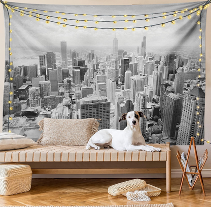USA Tapestry, Chicago City Skyline Aerial View Contemporary Famous Touristic Places Picture Print, Fabric Wall Hanging Decor for Bedroom Living Room Dorm, 28" X 23", Grey Black