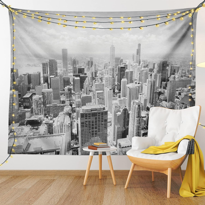 USA Tapestry, Chicago City Skyline Aerial View Contemporary Famous Touristic Places Picture Print, Fabric Wall Hanging Decor for Bedroom Living Room Dorm, 28" X 23", Grey Black