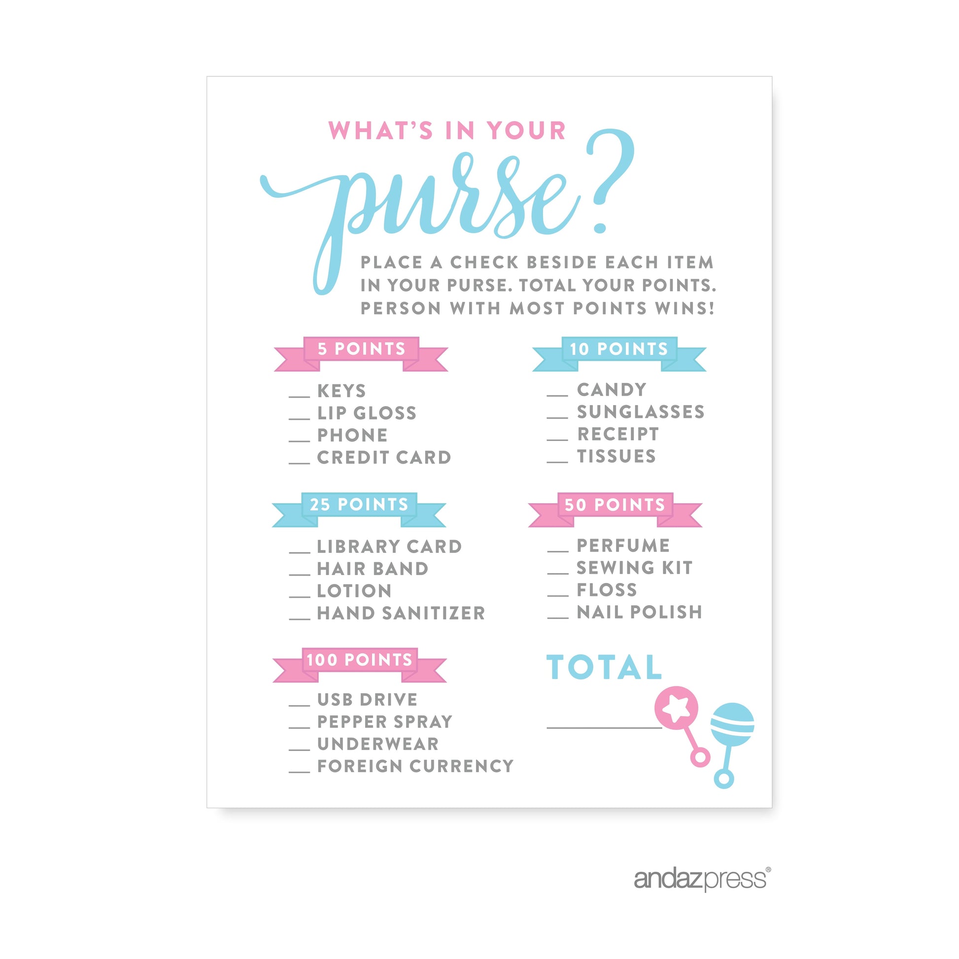 What'S in Your Purse? Team Pink/Blue Gender Reveal Baby Shower Games , 20-Pack