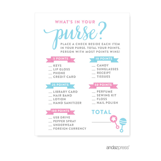 What'S in Your Purse? Team Pink/Blue Gender Reveal Baby Shower Games , 20-Pack
