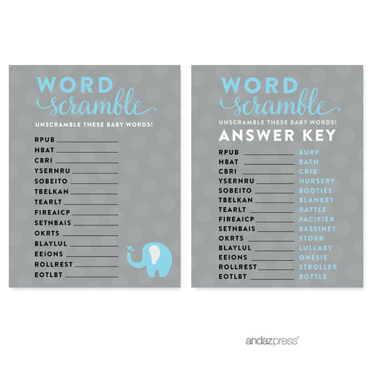 Word Scramble Gray Boy Elephant Baby Shower Games , 20-Pack