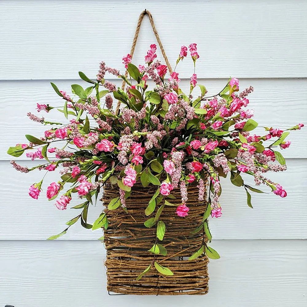 Wildflowers Hanging Basket Wreath, Artificial Spring Wreath for Front Door, Wall Hanging Flower Bucket Rustic Farmhouse Wrea