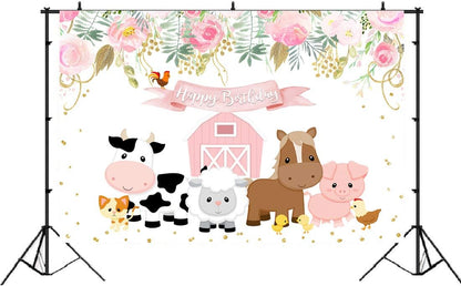 Pink Farm Animals Birthday Backdrop Little Princess Birthday Barnyard Theme Background Cute Farmhouse Flower Girls Birthday Newborn Baby Party Decorations Cake Table Banner 5X3Ft