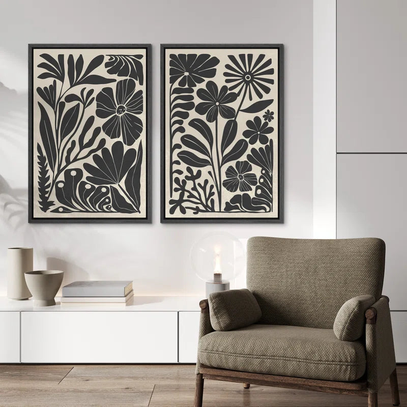 Abstract Botanical " Unique Black and White Floral Modern Boho Framed Canvas Print 2 Pieces Wall Art