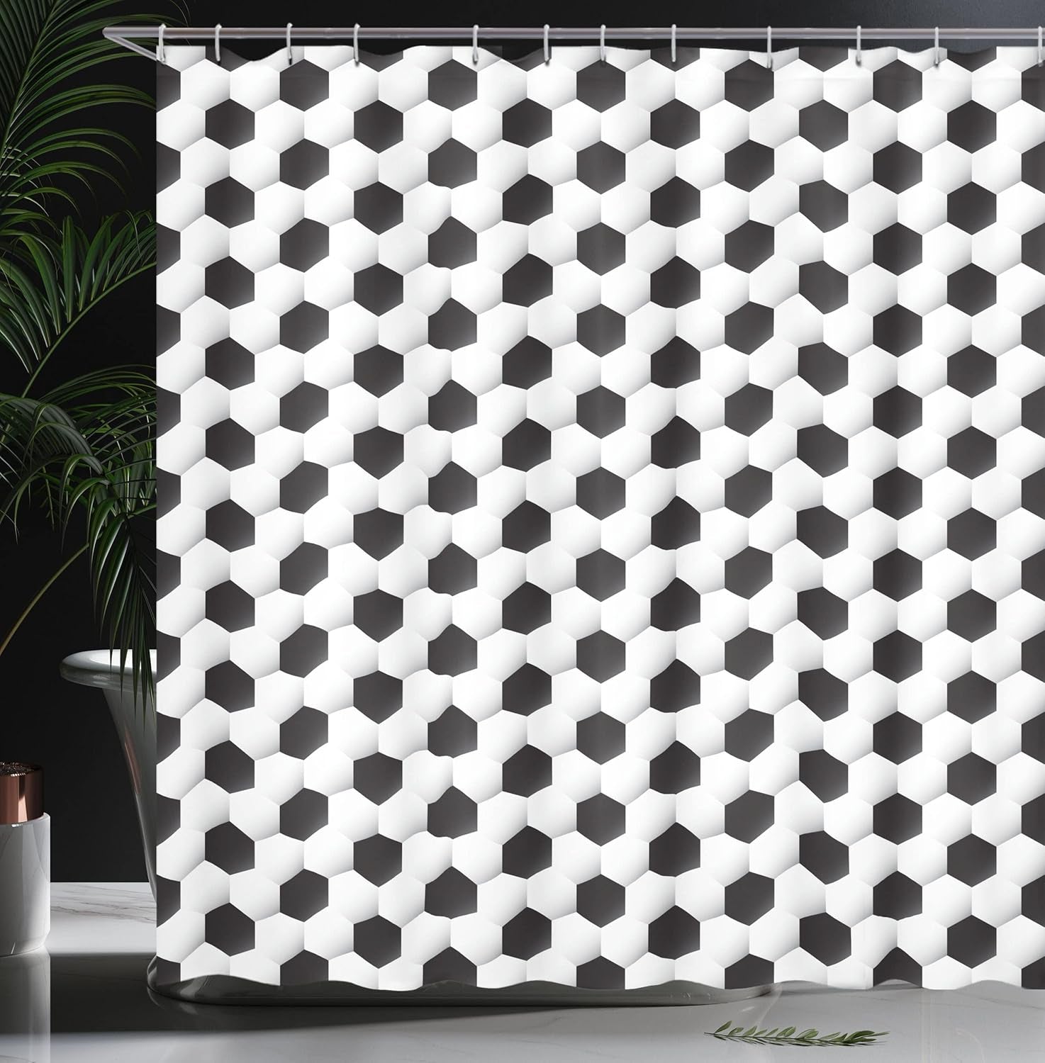 Sports Shower Curtain, Soccer Ball Vivid Pattern Athletic Sport Themed Geometrical Modern Design, Cloth Fabric Bathroom Decor Set with Hooks, 69" W X 75" L, White Grey