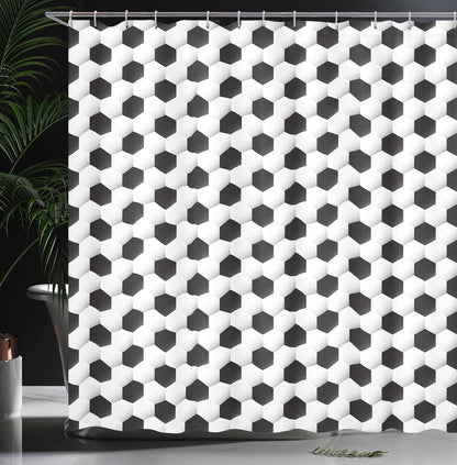 Sports Shower Curtain, Soccer Ball Vivid Pattern Athletic Sport Themed Geometrical Modern Design, Cloth Fabric Bathroom Decor Set with Hooks, 69" W X 75" L, White Grey