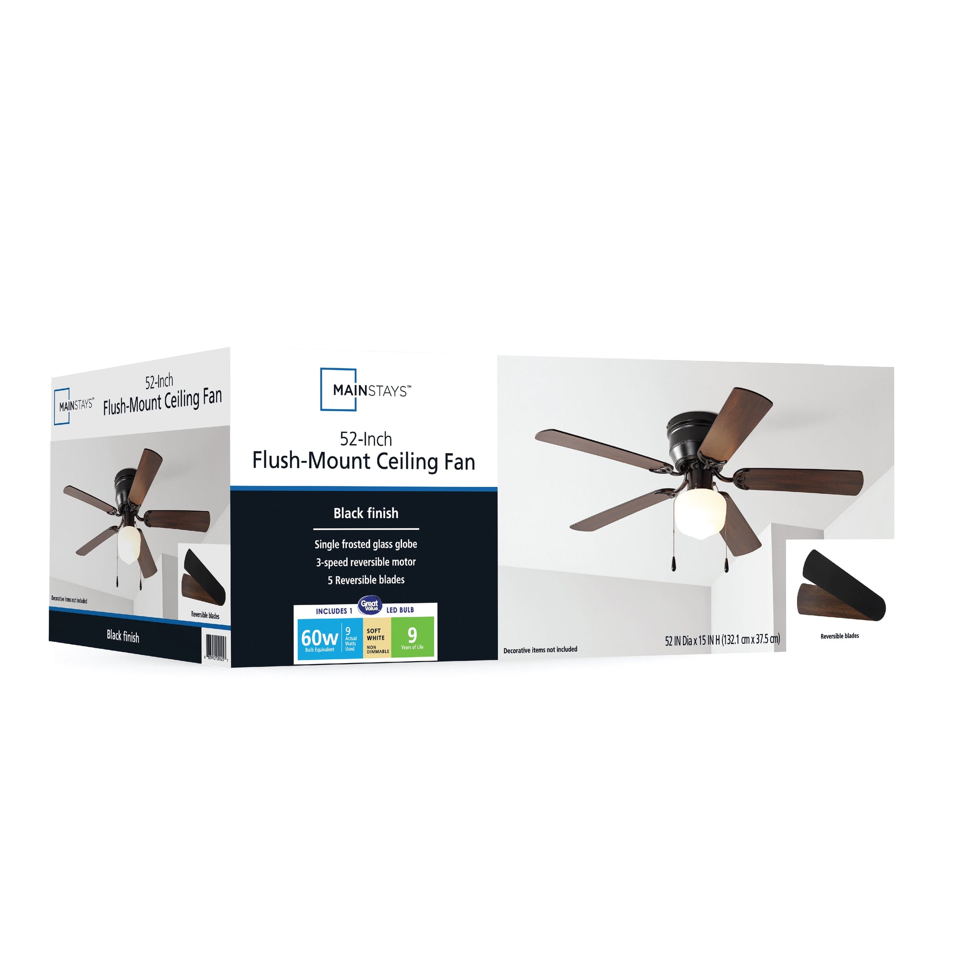 52 Inch Hugger Indoor Ceiling Fan with Light Kit, Black, 5 Blades,, Reverse Airflow